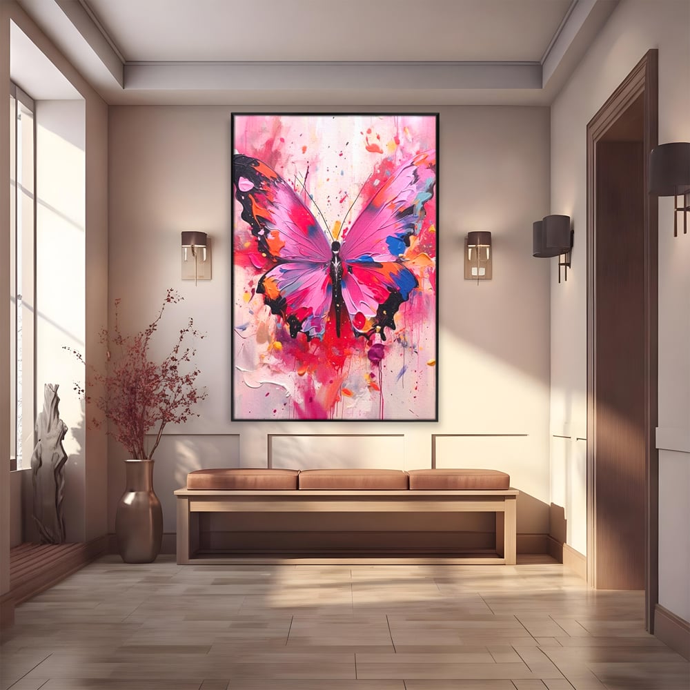 Tablou canvas cu pictura digitala cu fluture roz, in rama de aluminiu negru